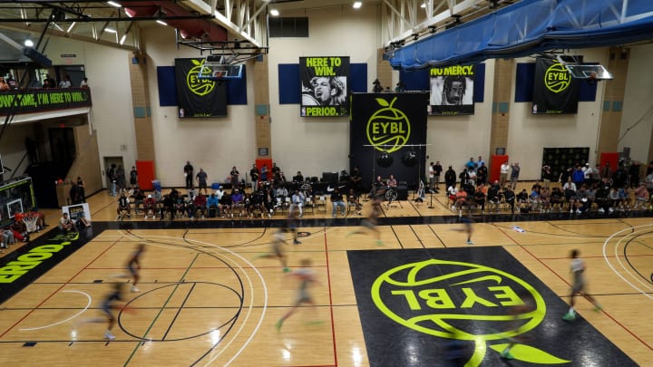 July 17, 2024; North Augusta, S.C., USA; Athletes move down the court during the Team Takeover and WhyNot game at the Nike Peach Jam at Riverview Park Activities Center. Team Takeover won 64-62. Mandatory Credit: Katie Goodale-USA TODAY Network July 17, 2024; North Augusta, S.C., USA; Athletes move down the court during the Team Takeover and WhyNot game at the Nike Peach Jam at Riverview Park Activities Center. Team Takeover won 64-62. Mandatory Credit: Katie Goodale-USA TODAY Network