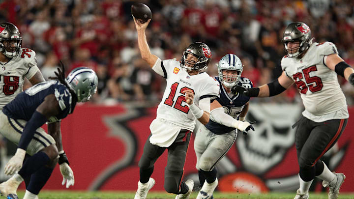 Tampa Bay Buccaneers quarterback Tom Brady throws the ball against the Dallas Cowboys.