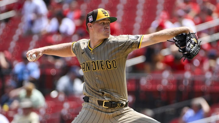 Jul 27, 2025; St. Louis, Missouri, USA; San Diego Padres starting pitcher Stephen Kolek (32) pitches against the St. Louis Cardinals during the first inning at Busch Stadium. Mandatory Credit: Jeff Curry-Imagn Images Jul 27, 2025; St. Louis, Missouri, USA; San Diego Padres starting pitcher Stephen Kolek (32) pitches against the St. Louis Cardinals during the first inning at Busch Stadium. Mandatory Credit: Jeff Curry-Imagn Images
