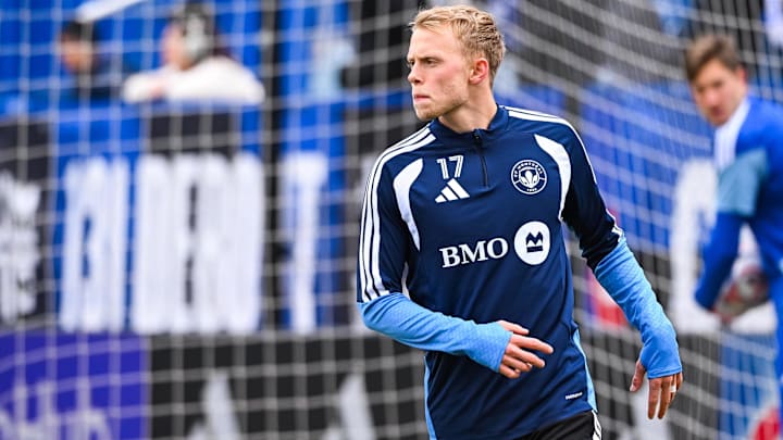 Apr 11, 2026; Montreal, Province of Quebec, CAN; CF Montreal defender Dagur Thorhallsson (17) looks on during warm-up before the game against Philadelphia Union at Saputo Stadium. Mandatory Credit: David Kirouac-Imagn Images