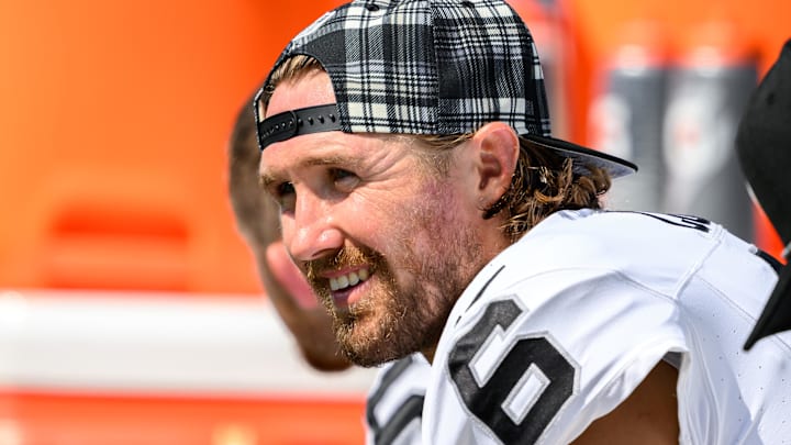 Sep 15, 2024; Baltimore, Maryland, USA; Las Vegas Raiders punter AJ Cole (6) looks on before the game against the Baltimore Ravens at M&T Bank Stadium. Mandatory Credit: Reggie Hildred-Imagn Images