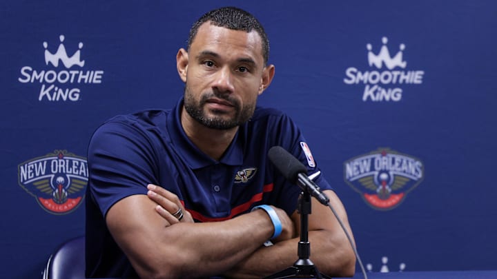Pelicans general manager Trajan Langdon speaks during a press conference in 2022.