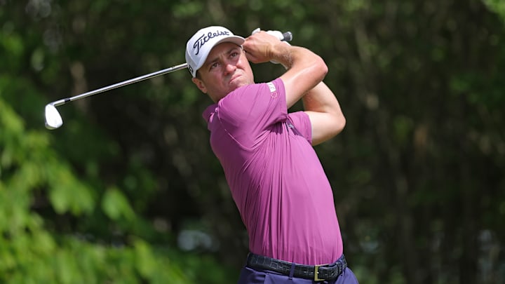 Justin Thomas tees off during the final round of the 2025 Truist Championship