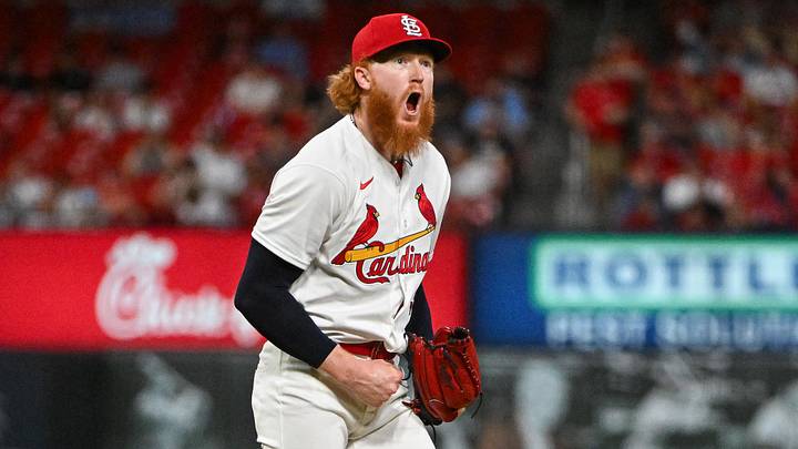 Jun 15, 2026; St. Louis, Missouri, USA; St. Louis Cardinals starting pitcher Dustin May (3) reacts after striking out San Diego Padres first baseman Ty France (not pictured) to end the eighth inning at Busch Stadium. Mandatory Credit: Jeff Curry-Imagn Images Jun 15, 2026; St. Louis, Missouri, USA; St. Louis Cardinals starting pitcher Dustin May (3) reacts after striking out San Diego Padres first baseman Ty France (not pictured) to end the eighth inning at Busch Stadium. Mandatory Credit: Jeff Curry-Imagn Images