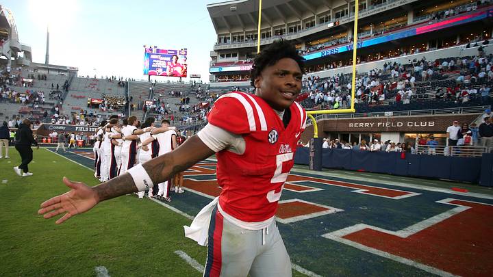 Ole Miss Rebels running back Kewan Lacy (5) celebrates after the game against the Missouri Tigers at Vaught-Hemingway Stadium. Ole Miss Rebels running back Kewan Lacy (5) celebrates after the game against the Missouri Tigers at Vaught-Hemingway Stadium.