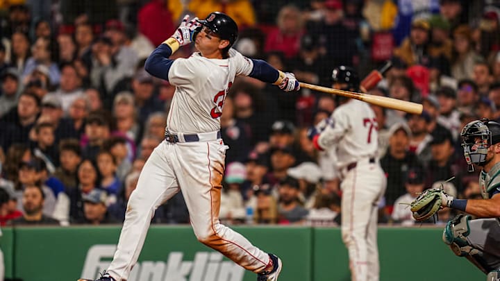 Apr 22, 2025; Boston, Massachusetts, USA; Boston Red Sox first base Triston Casas (36) hits a three run home run against the Seattle Mariners in the seventh inning at Fenway Park. Mandatory Credit: David Butler II-Imagn Images