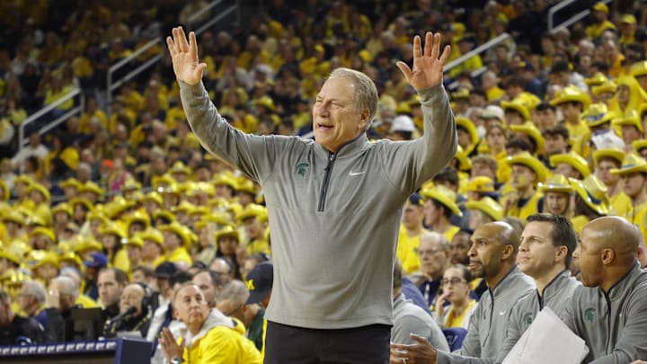 Feb 21, 2025; Ann Arbor, Michigan, USA; Michigan State Spartans head coach Tom Izzo looks on during the first half against the Michigan Wolverines at Crisler Center. Mandatory Credit: Brian Bradshaw Sevald-Imagn Images