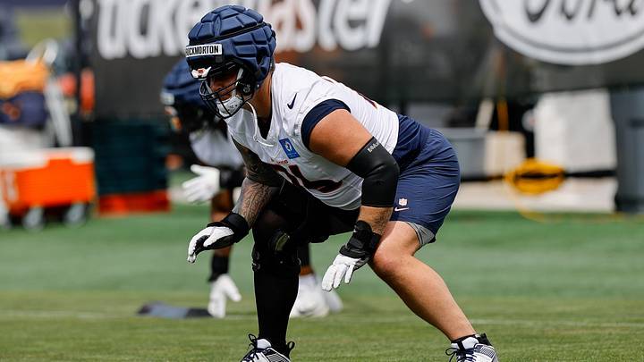 Denver Broncos guard Calvin Throckmorton (76) during training camp at Broncos Park Powered by CommonSpirit. Denver Broncos guard Calvin Throckmorton (76) during training camp at Broncos Park Powered by CommonSpirit.