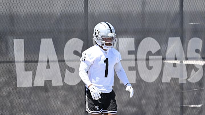 Jun 10, 2025; Henderson, NV, USA; Las Vegas Raiders wide receiver Tre Tucker (1) during a drill at Las Vegas Raiders Minicamp at Intermountain Health Performance Center. Mandatory Credit: Candice Ward-Imagn Images Jun 10, 2025; Henderson, NV, USA; Las Vegas Raiders wide receiver Tre Tucker (1) during a drill at Las Vegas Raiders Minicamp at Intermountain Health Performance Center. Mandatory Credit: Candice Ward-Imagn Images