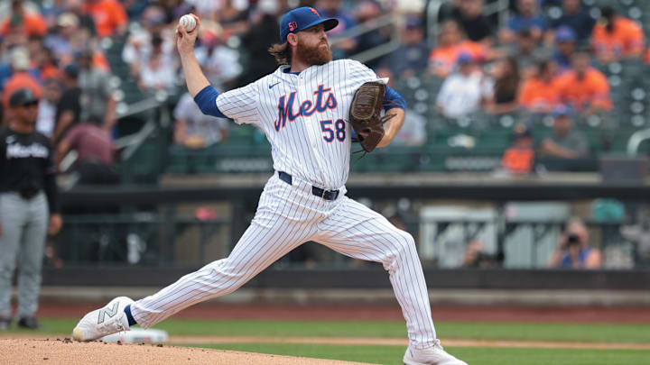 Aug 18, 2024; New York City, New York, USA; New York Mets starting pitcher Paul Blackburn (58) delivers a pitch during the first inning against the Miami Marlins at Citi Field. Mandatory Credit: Vincent Carchietta-Imagn Images