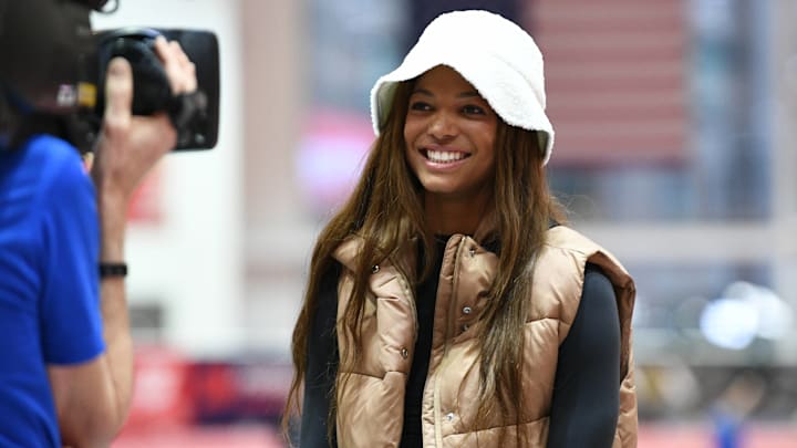 Gabby Thomas of the United States is interviewed while attending the New Balance Indoor Grand Prix. Gabby Thomas of the United States is interviewed while attending the New Balance Indoor Grand Prix.
