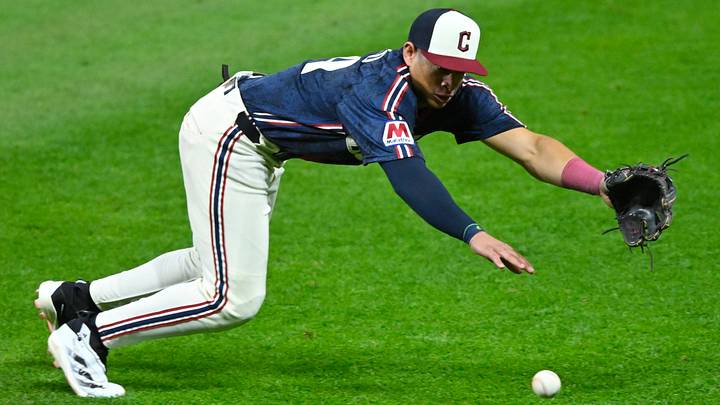 Apr 17, 2026: Cleveland Guardians second baseman Juan Brito (34) reaches for the ball in the ninth inning against the Baltimore Orioles at Progressive Field. Credit: David Richard-Imagn Images Apr 17, 2026: Cleveland Guardians second baseman Juan Brito (34) reaches for the ball in the ninth inning against the Baltimore Orioles at Progressive Field. Credit: David Richard-Imagn Images