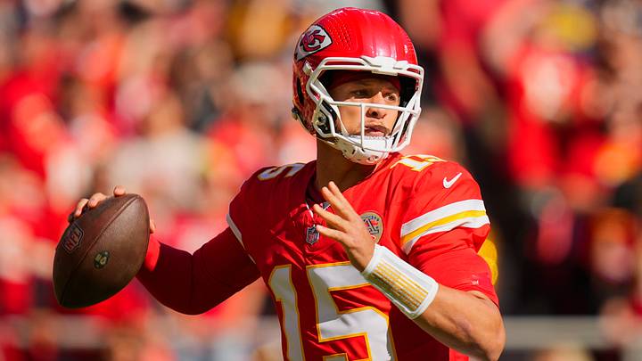 Oct 19, 2025; Kansas City, Missouri, USA; Kansas City Chiefs quarterback Patrick Mahomes (15) throws a pass during the first half against the Las Vegas Raiders at GEHA Field at Arrowhead Stadium. Mandatory Credit: Jay Biggerstaff-Imagn Images