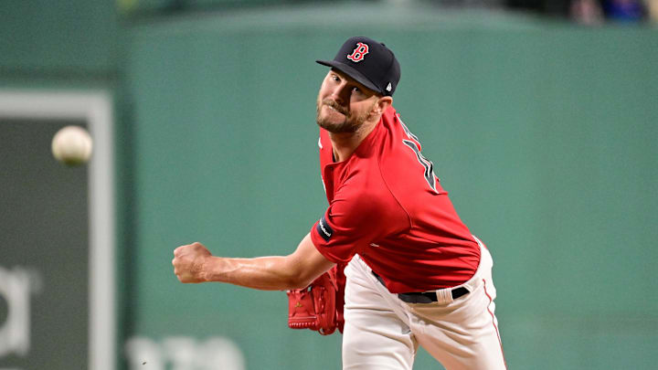 Sep 22, 2023; Boston, Massachusetts, USA; Boston Red Sox starting pitcher Chris Sale (41) pitches against the Chicago White Sox  during the first inning at Fenway Park. Mandatory Credit: Eric Canha-Imagn Images