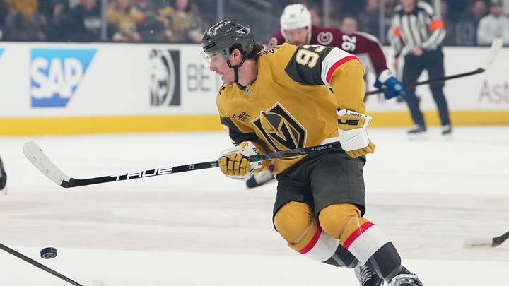 May 24, 2026; Las Vegas, Nevada, USA; Vegas Golden Knights right wing Mitch Marner (93) controls the puck first period against the Colorado Avalanche in game three of the Western Conference Final of the 2026 Stanley Cup Playoffs at T-Mobile Arena. Mandatory Credit: Stephen R. Sylvanie-Imagn Images