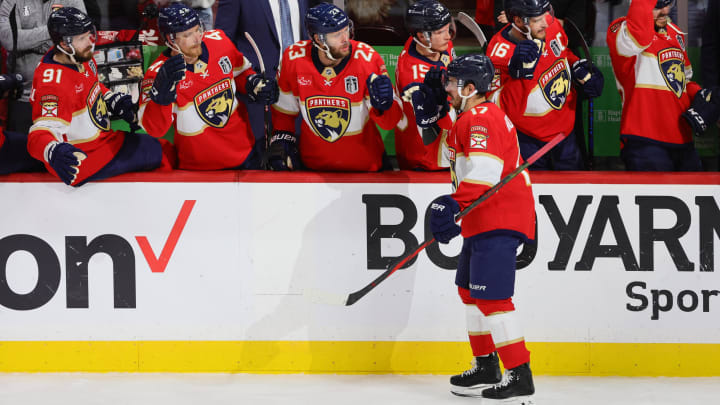 Jun 18, 2024; Sunrise, Florida, USA; Florida Panthers forward Evan Rodrigues (17) celebrates scoring against Edmonton Oilers during the second period in game five of the 2024 Stanley Cup Final at Amerant Bank Arena. Mandatory Credit: Sam Navarro-USA TODAY Sports Jun 18, 2024; Sunrise, Florida, USA; Florida Panthers forward Evan Rodrigues (17) celebrates scoring against Edmonton Oilers during the second period in game five of the 2024 Stanley Cup Final at Amerant Bank Arena. Mandatory Credit: Sam Navarro-USA TODAY Sports