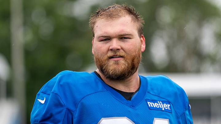 Detroit Lions center Cade Mays (64) looks on during Detroit Lions training camp