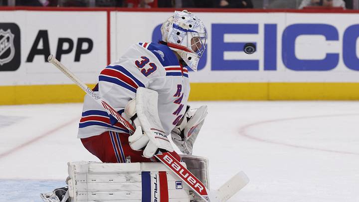 Oct 2, 2026; Detroit, Michigan, USA; New York Rangers goalie Dylan Garand makes a save in the second period against the Detroit Red Wings at Little Caesars Arena. Mandatory Credit: Rick Osentoski-Imagn Images Oct 2, 2026; Detroit, Michigan, USA; New York Rangers goalie Dylan Garand makes a save in the second period against the Detroit Red Wings at Little Caesars Arena. Mandatory Credit: Rick Osentoski-Imagn Images
