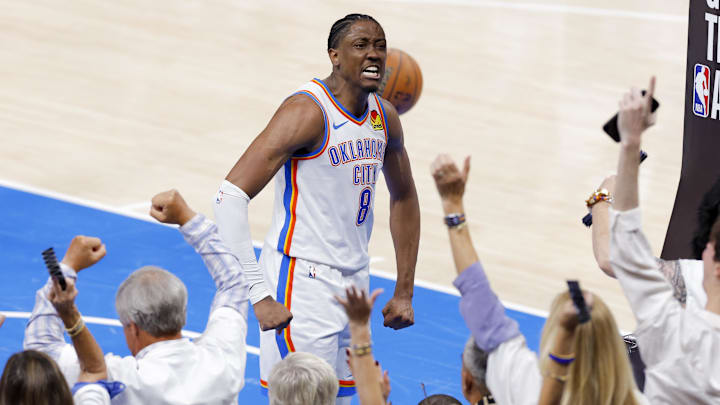 Jun 5, 2025; Oklahoma City, Oklahoma, USA; Oklahoma City Thunder forward Jalen Williams (8) celebrates after dunking the ball against the Indiana Pacers during the fourth quarter during game one of the 2025 NBA Finals at Paycom Center. Mandatory Credit: Alonzo Adams-Imagn Images