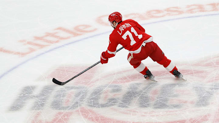 Mar 4, 2026; Detroit, Michigan, USA;  Detroit Red Wings center Dylan Larkin (71) skates with the puck in the first period against the Vegas Golden Knights at Little Caesars Arena. Mandatory Credit: Rick Osentoski-Imagn Images