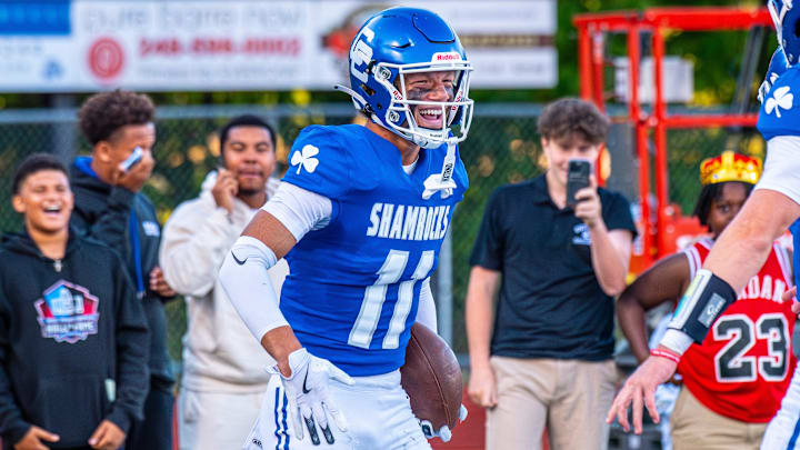 Detroit Catholic Central's Gideon Gash celebrates a touchdown during a football game on Friday, Aug. 29, 2025. Detroit Catholic Central's Gideon Gash celebrates a touchdown during a football game on Friday, Aug. 29, 2025.