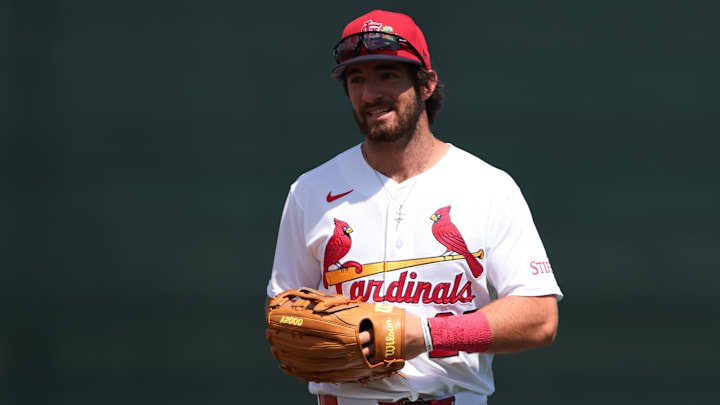 Feb 27, 2026; Jupiter, Florida, USA; St. Louis Cardinals center fielder Thomas Saggese (25) returns to the dugout against the New York Mets during the first inning at Roger Dean Chevrolet Stadium. Mandatory Credit: Sam Navarro-Imagn Images