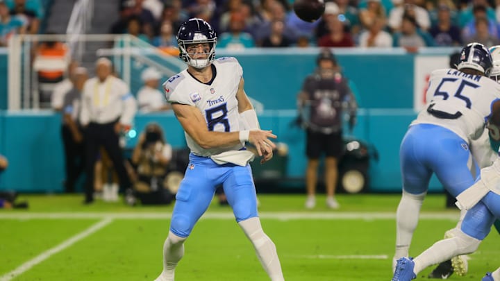 Sep 30, 2024; Miami Gardens, Florida, USA; Tennessee Titans quarterback Will Levis (8) throws the football against the Miami Dolphins during the first quarter at Hard Rock Stadium. Mandatory Credit: Sam Navarro-Imagn Images