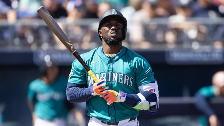 Mar 15, 2025; Peoria, Arizona, USA; Seattle Mariners outfielder Randy Arozarena against the San Diego Padres during a spring training game at Peoria Sports Complex. Mandatory Credit: Mark J. Rebilas-Imagn Images