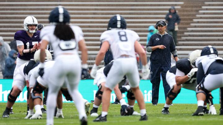 Penn State Nittany Lions coach Matt Campbell watches the action from behind the line of scrimmage during practice at Beaver Stadium. Penn State Nittany Lions coach Matt Campbell watches the action from behind the line of scrimmage during practice at Beaver Stadium.