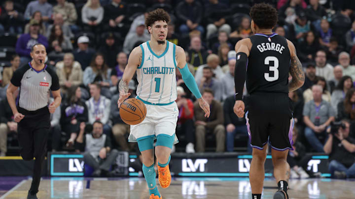 Jan 15, 2025; Salt Lake City, Utah, USA;  Charlotte Hornets guard LaMelo Ball (1) dribbles against the Utah Jazz during the first quarter at Delta Center. Mandatory Credit: Chris Nicoll-Imagn Images