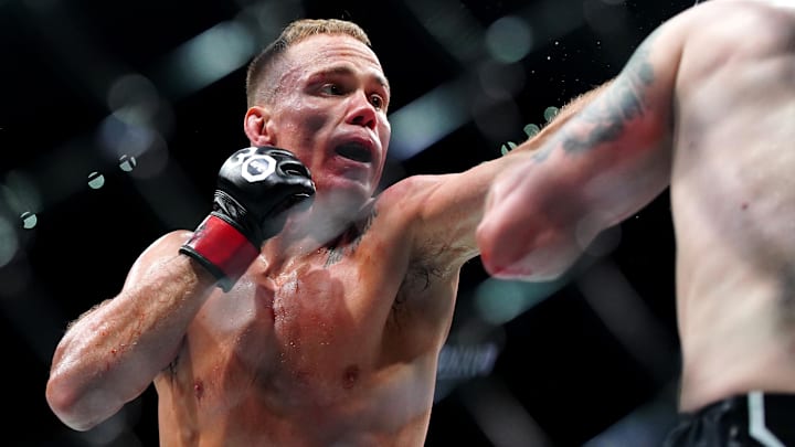 Mar 25, 2023; San Antonio, Texas, USA; Nate Landwehr (red gloves) fights Austin Lingo (not pictured)