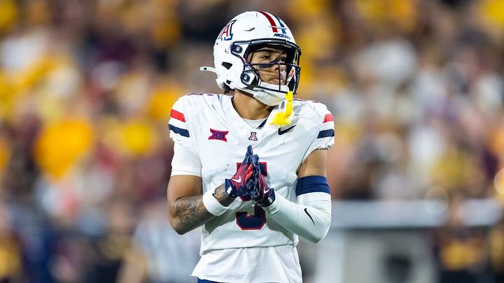Nov 28, 2025; Tempe, Arizona, USA; Arizona Wildcats wide receiver Gio Richardson (5) against the Arizona State Sun Devils during the 99th Territorial Cup at Mountain America Stadium. Nov 28, 2025; Tempe, Arizona, USA; Arizona Wildcats wide receiver Gio Richardson (5) against the Arizona State Sun Devils during the 99th Territorial Cup at Mountain America Stadium.