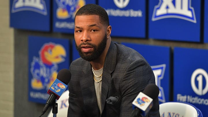 Feb 17, 2020; Lawrence, Kansas, USA; Kansas Jayhawks former player Marcus Morris speaks to media at his jersey retiring press conference before the game against the Iowa State Cyclones at Allen Fieldhouse. Mandatory Credit: Denny Medley-Imagn Images Feb 17, 2020; Lawrence, Kansas, USA; Kansas Jayhawks former player Marcus Morris speaks to media at his jersey retiring press conference before the game against the Iowa State Cyclones at Allen Fieldhouse. Mandatory Credit: Denny Medley-Imagn Images