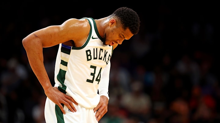 Milwaukee Bucks forward Giannis Antetokounmpo reacts during the first quarter against the Phoenix Suns at Footprint Center on March 24.