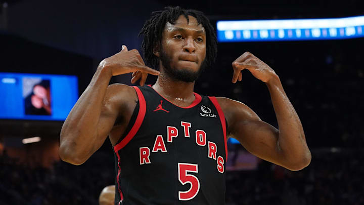 Jan 20, 2026; San Francisco, California, USA; Toronto Raptors guard Immanuel Quickley (5) celebrates after making a three-pointer against the Golden State Warriors in the third quarter at Chase Center. Mandatory Credit: David Gonzales-Imagn Images Jan 20, 2026; San Francisco, California, USA; Toronto Raptors guard Immanuel Quickley (5) celebrates after making a three-pointer against the Golden State Warriors in the third quarter at Chase Center. Mandatory Credit: David Gonzales-Imagn Images