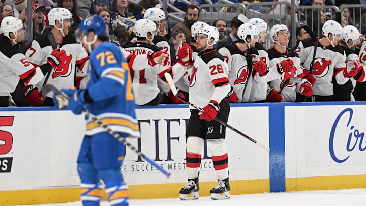 New Jersey Devils right wing Timo Meier (28) is congratulated after scoring a goal: Joe Puetz-Imagn Images