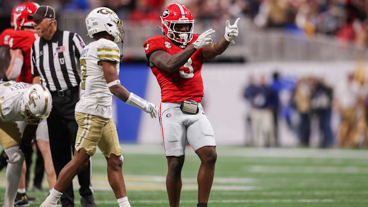 Nov 28, 2025; Atlanta, Georgia, USA; Georgia Bulldogs running back Nate Frazier (3) reacts after a run against the Georgia Tech Yellow Jackets in the second quarter at Mercedes-Benz Stadium. Mandatory Credit: Brett Davis-Imagn Images