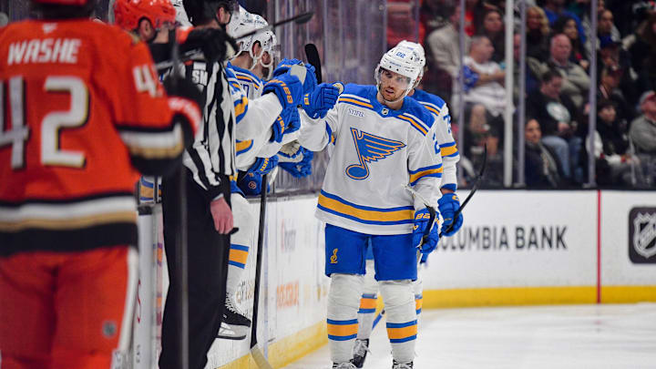 Apr 3, 2026; Anaheim, California, USA; St. Louis Blues center Pius Suter (22) celebrates his goal scored against the Anaheim Ducks during the second period at Honda Center. Mandatory Credit: Gary A. Vasquez-Imagn Images