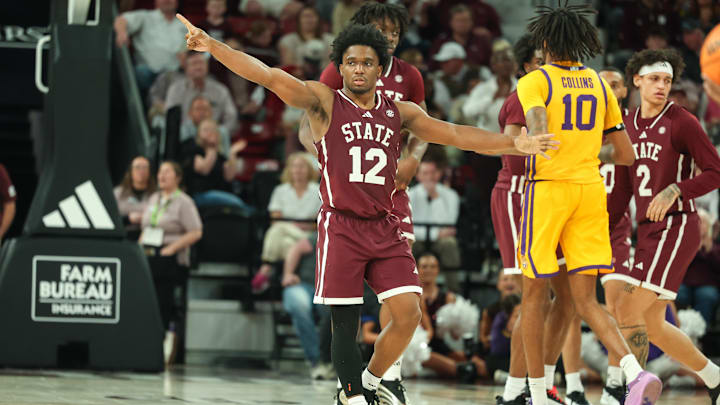 Mar 1, 2025; Starkville, Mississippi, USA; Mississippi State Bulldogs guard Josh Hubbard (12) reacts against the LSU Tigers during the second half at Humphrey Coliseum. Mandatory Credit: Wesley Hale-Imagn Images