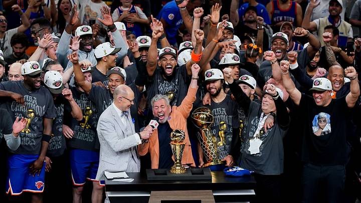 Jun 13, 2026; San Antonio, Texas, USA; The New York Knicks and owner James Dolan celebrate after defeating the San Antonio Spurs in game five of the 2026 NBA Finals to win the 2026 NBA Championship at Frost Bank Center. Mandatory Credit: Dustin Safranek-Imagn Images