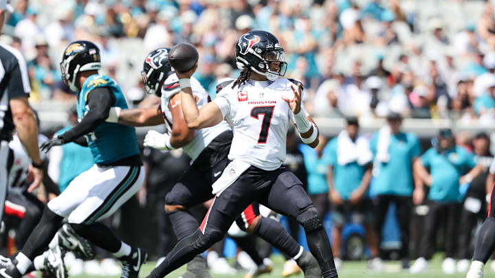 Sep 21, 2025; Jacksonville, Florida, USA; Houston Texans quarterback C.J. Stroud (7) throws the ball during the second quarter against the Jacksonville Jaguars at EverBank Stadium. Mandatory Credit: Morgan Tencza-Imagn Images