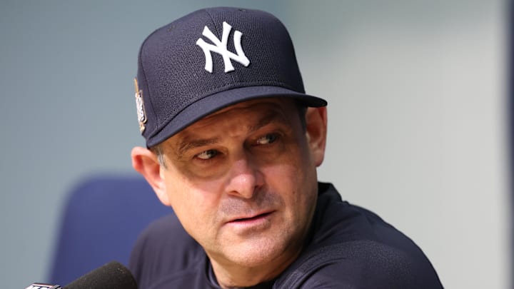 New York Yankees manager Aaron Boone (17) talks with the media before the game against the Los Angeles Dodgers during game one of the 2024 MLB World Series at Dodger Stadium on Oct. 25.