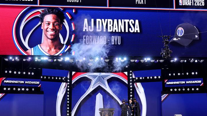 Jun 23, 2026; New York, NY, USA; AJ Dybantsa shakes hands with NBA commissioner Adam Silver after being selected first overall by the Washington Wizards during the 2026 NBA Draft at Barclays Center. Mandatory Credit: Brad Penner-Imagn Images Jun 23, 2026; New York, NY, USA; AJ Dybantsa shakes hands with NBA commissioner Adam Silver after being selected first overall by the Washington Wizards during the 2026 NBA Draft at Barclays Center. Mandatory Credit: Brad Penner-Imagn Images