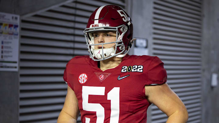 Alabama Crimson Tide long snapper Kneeland Hibbett (51) against the Georgia Bulldogs in the 2022 CFP college football national championship game at Lucas Oil Stadium in the 2021 season.