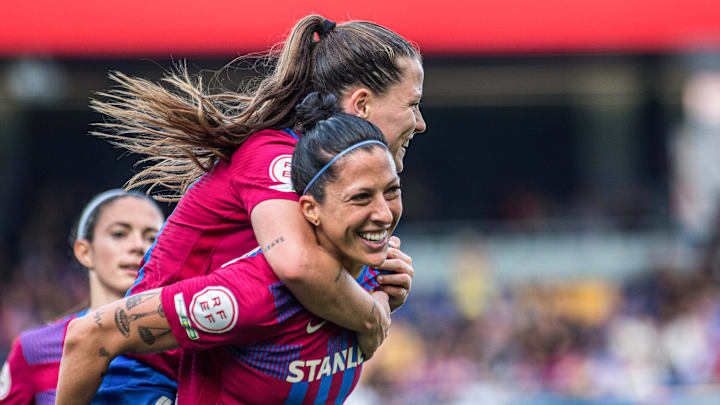 Jenni Hermoso and Claudia Pina of FC Barcelona celebrate... Jenni Hermoso and Claudia Pina of FC Barcelona celebrate...