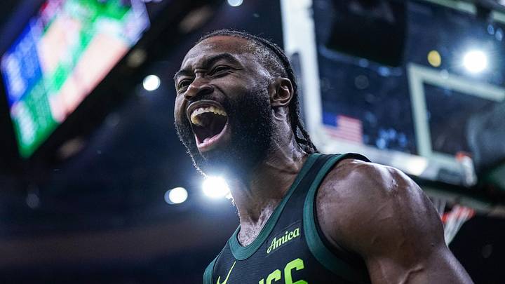 Boston Celtics guard Jaylen Brown (7) reacts after making the basket and being fouled by LA Clippers guard Kris Dunn (8) (not pictured) in the second quarter at TD Garden on November 25, 2024.