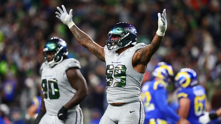 Dec 18, 2025; Seattle, Washington, USA; Seattle Seahawks defensive end Leonard Williams (99) reacts after a missed field goal by Los Angeles Rams in the fourth quarter at Lumen Field.
