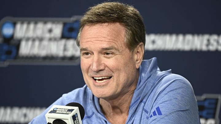 Mar 19, 2026; San Diego, CA, USA; Kansas Jayhawks head coach Bill Self speaks at a press conference ahead of the first round of the men's 2026 NCAA Tournament at Viejas Arena. Mandatory Credit: Denis Poroy-Imagn Images