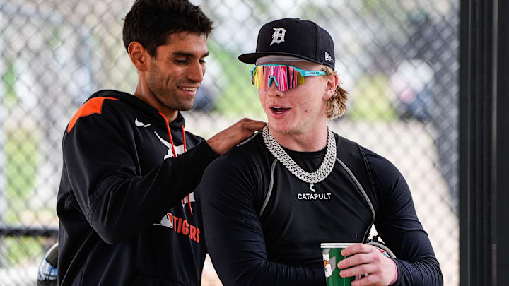 Detroit Tigers minor league outfielder Max Clark, right, gets ready for practice during spring training at TigerTown in Lakeland on Friday, Feb. 20, 2025.