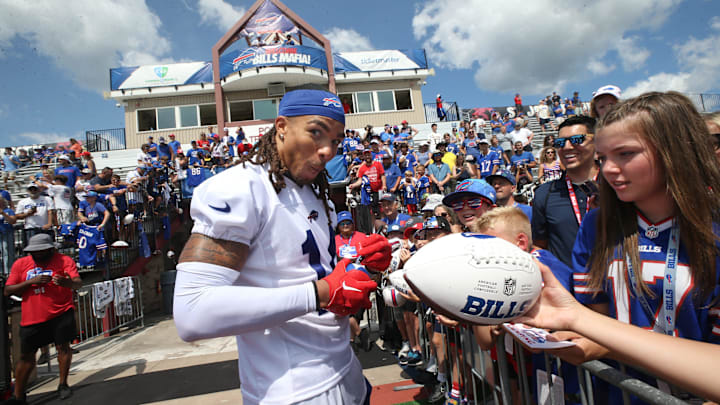 Bills wide receiver Chase Claypool signs autographs for fans at the end of day three. Bills wide receiver Chase Claypool signs autographs for fans at the end of day three.